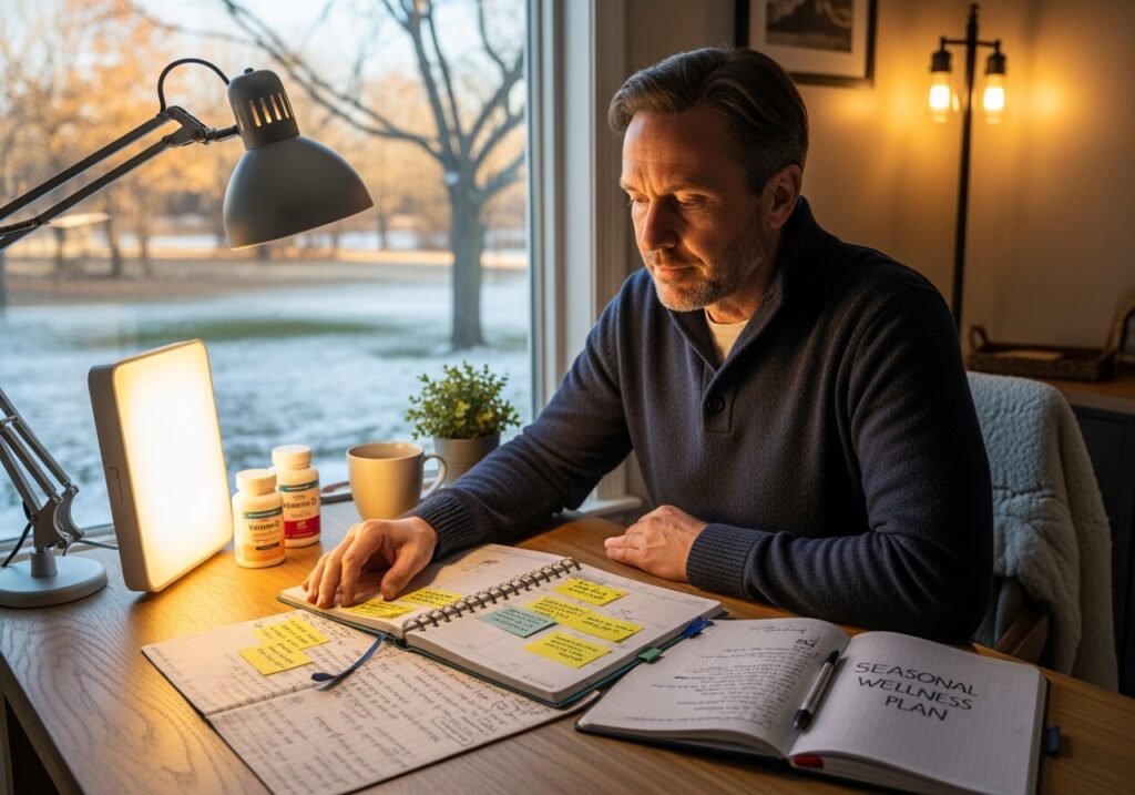Man in his 40s looking at calendar and planning seasonal mental health strategies, demonstrating proactive approach to managing fall and winter transitions