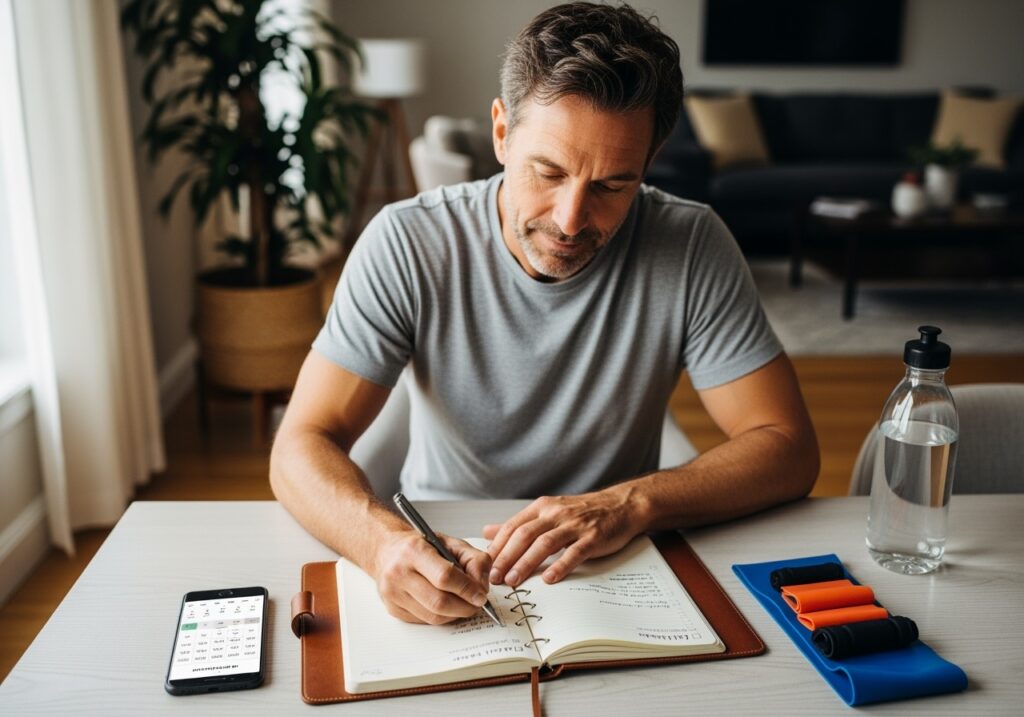 Man in his 40s making fitness commitment by writing goals and taking immediate action on seasonal routine changes