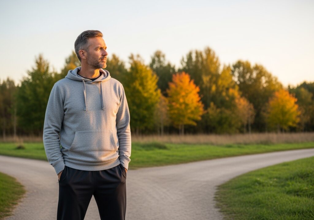 Man in his 40s at fitness crossroads during September seasonal transition, representing the pivot point decision