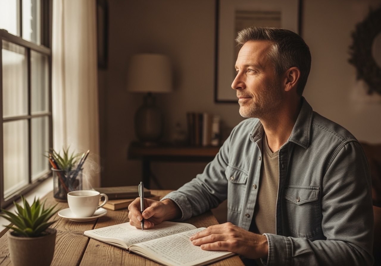 Man in his 40s writing in journal at desk for September mental health review and quarterly reflection
