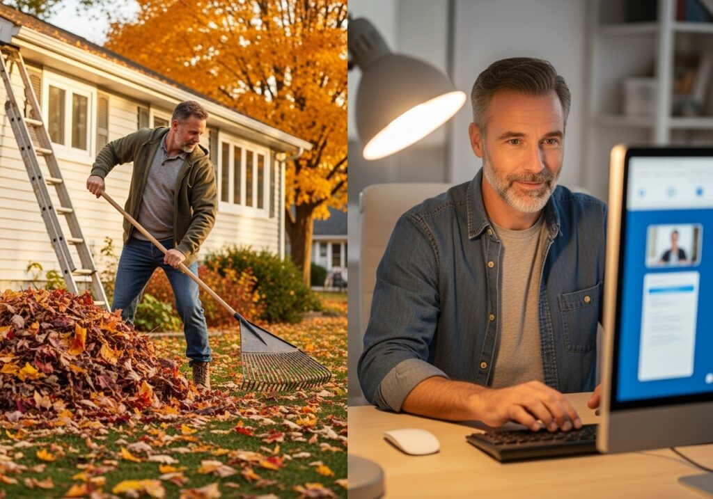 Man over 40 doing fall cleanup services and online consulting work, showing diverse September side hustle opportunities