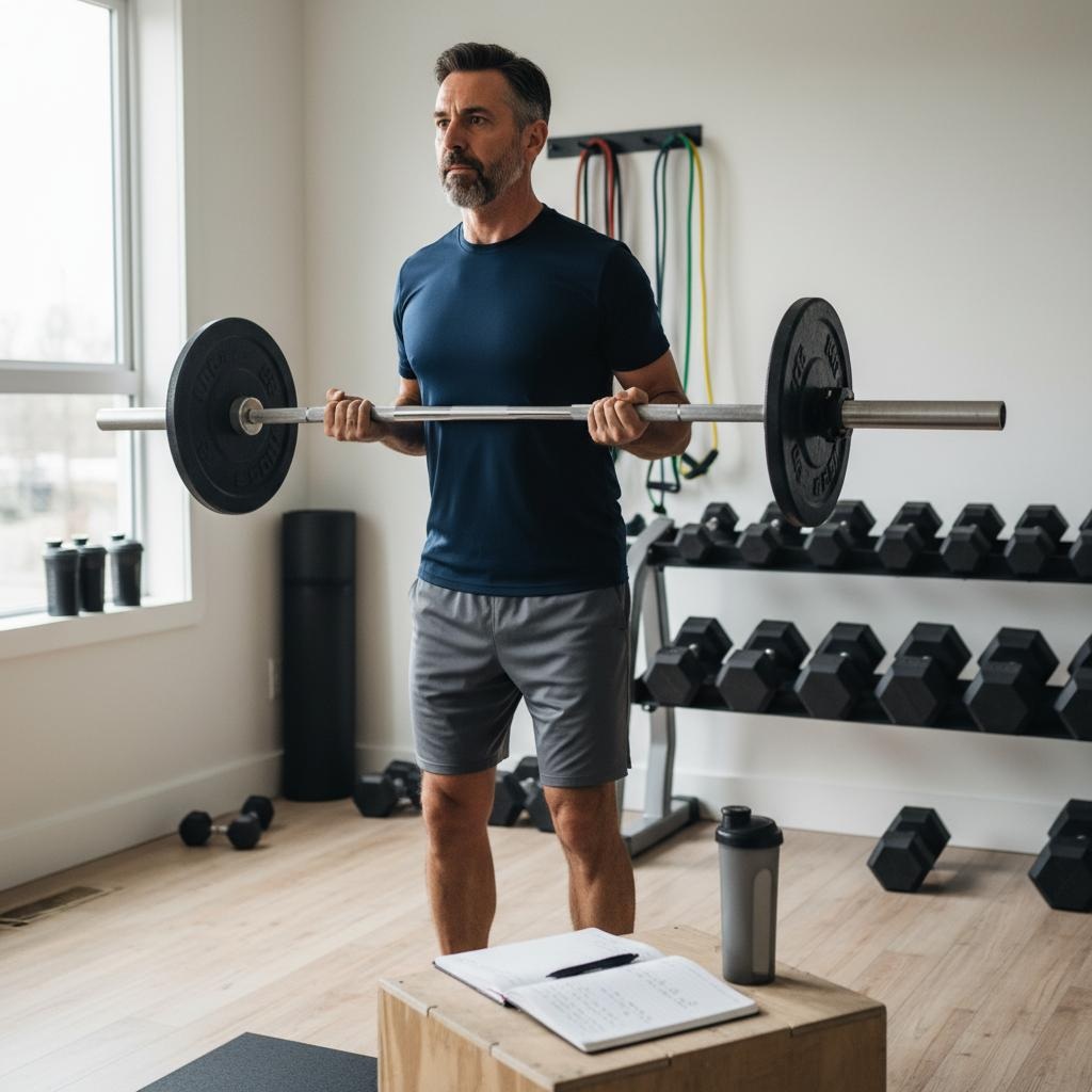 Man in his 40s performing strength training exercises with dumbbells in home gym setting, demonstrating September workout protocol and progressive fitness foundation building