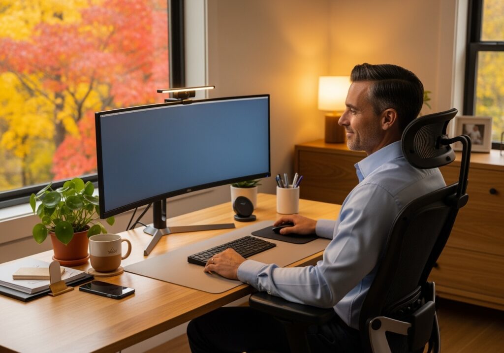 Confident man in his 40s working productively in his optimized fall home office setup showing successful workspace transformation with proper lighting and ergonomic furniture