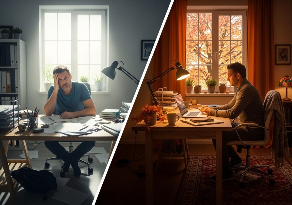 Before and after comparison showing transformation from cluttered summer home office to organized fall workspace with man in his 40s demonstrating improved focus and productivity