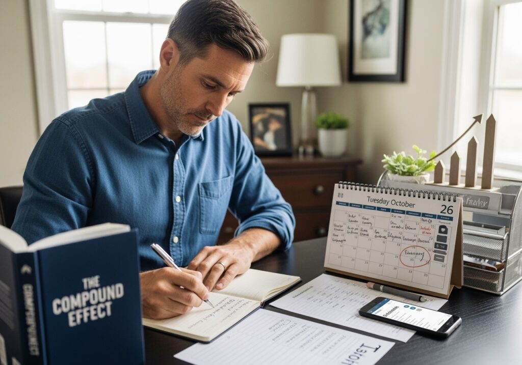 Motivated man in his 40s taking action on compound effect principles with habit tracker, small daily goals, and determination to start personal transformation journey