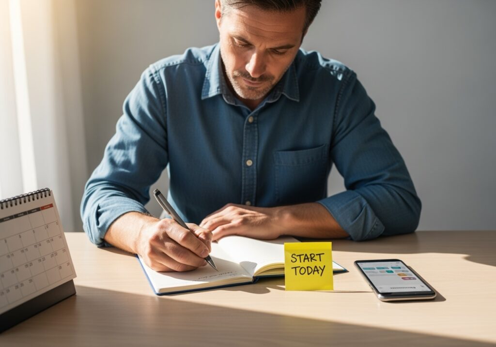 Man in 40s taking immediate action by writing his first habit commitment, showing the crucial moment of moving from learning to doing