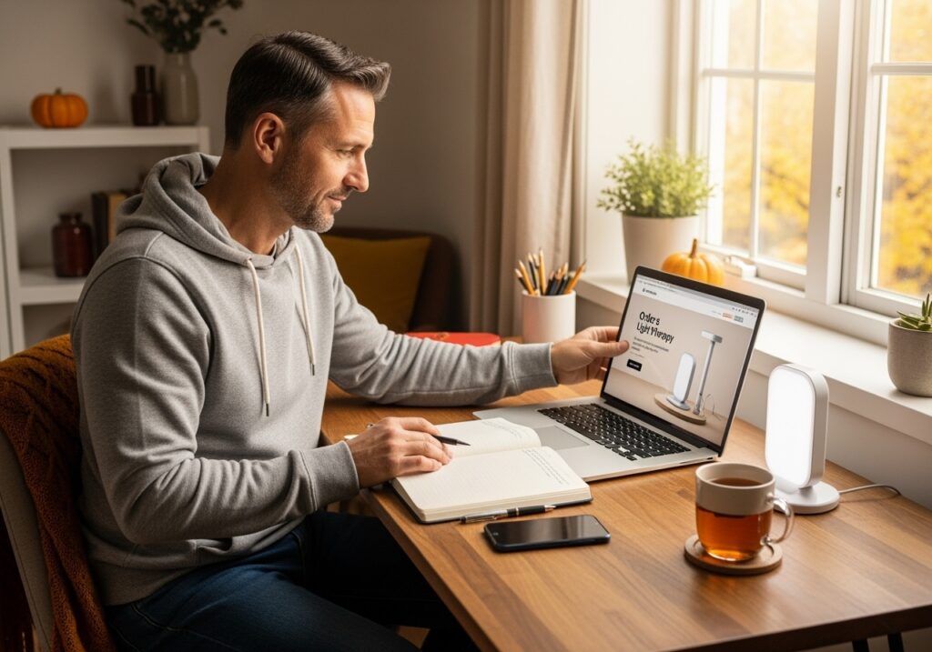 Man in his 40s taking first steps toward seasonal mental wellness by setting up light therapy and writing goals, demonstrating immediate action and commitment to change