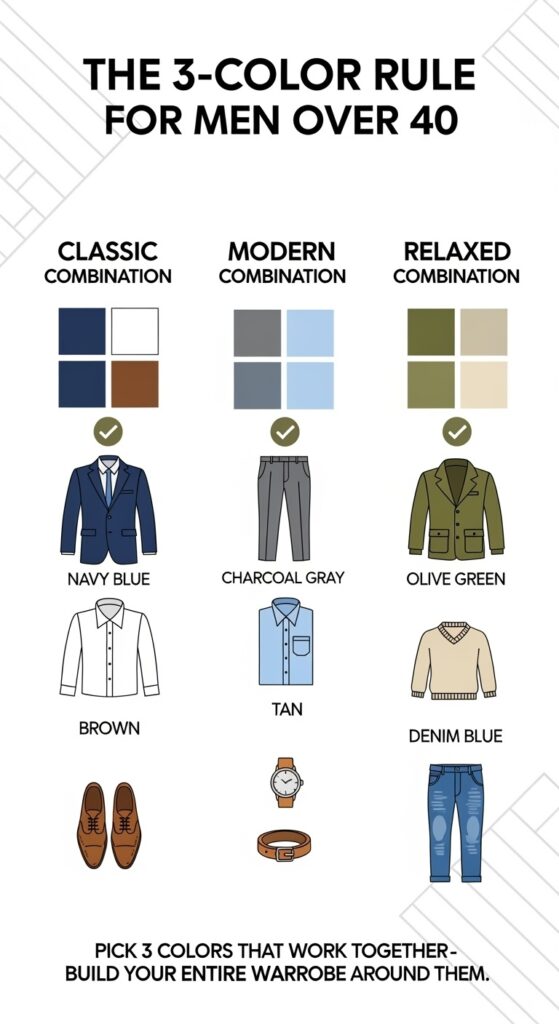 Simple infographic showing the 3-color rule for men over 40 with three wardrobe color combinations: classic navy-white-brown, modern charcoal-lightblue-tan, and relaxed olive-cream-denim