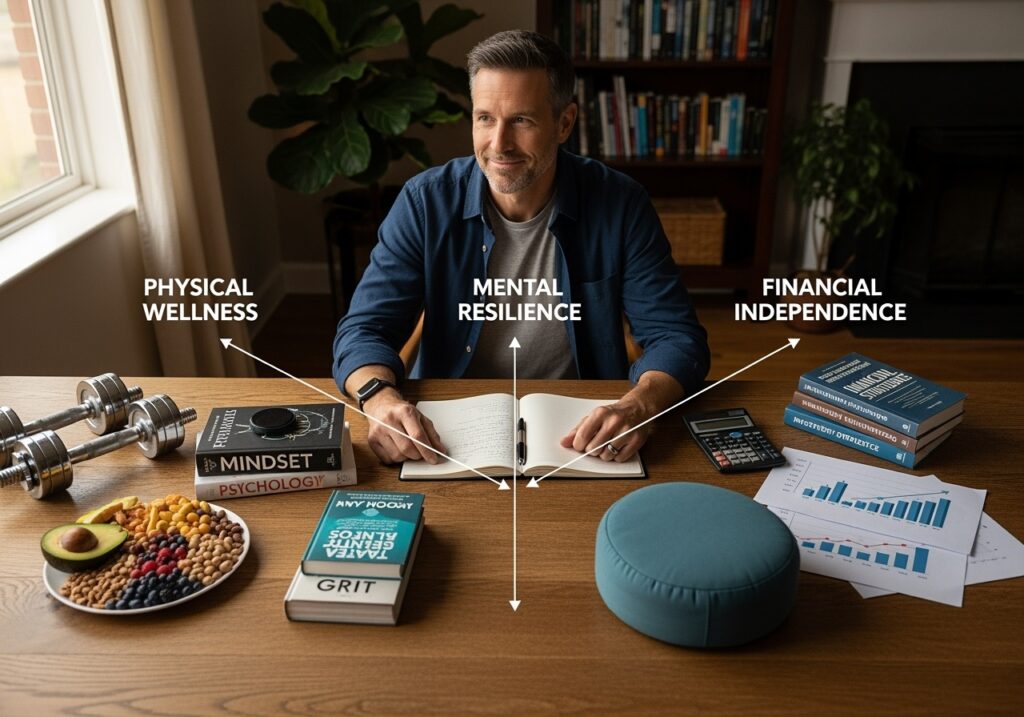 Man in his 40s at home workspace with three distinct learning areas - fitness books for physical wellness, mindfulness materials for mental resilience, and financial planning resources for independence