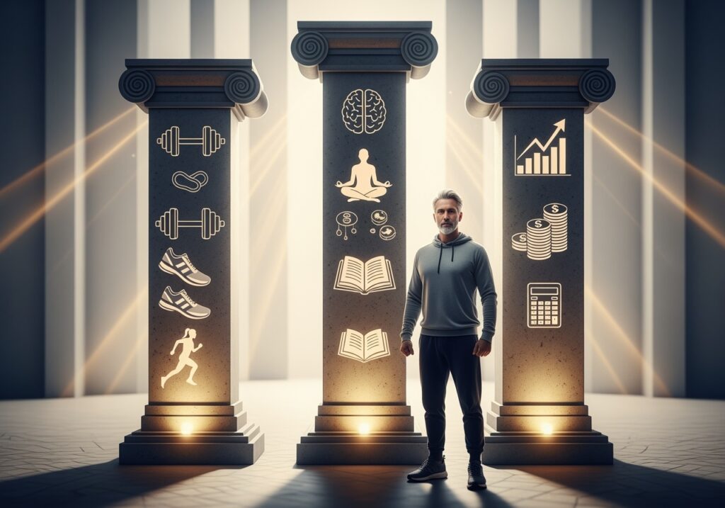 Man in his 40s standing between three pillars representing physical wellness, mental resilience, and financial independence supported by mental toughness framework