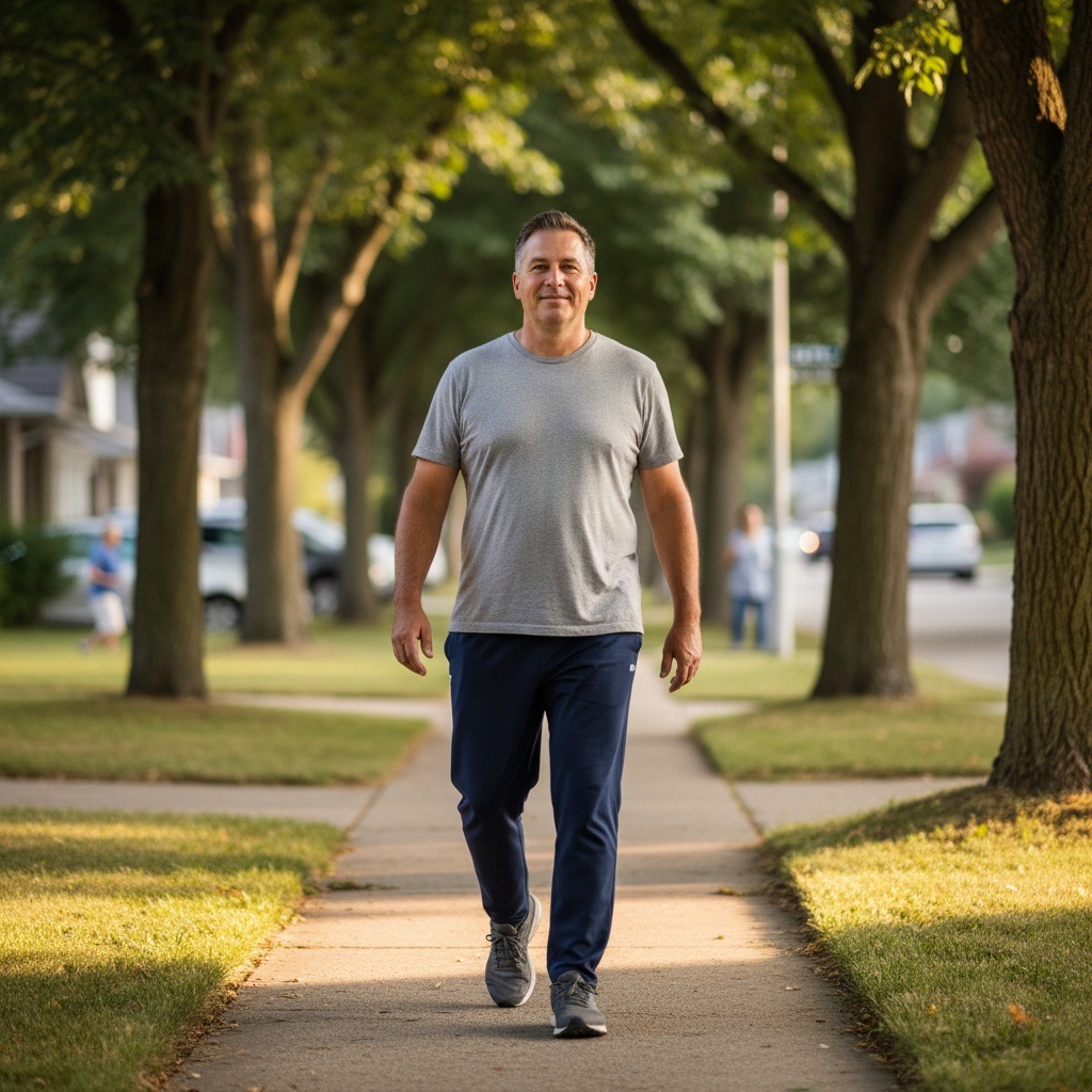 Man over 40 walking comfortably on tree-lined sidewalk demonstrating low-impact exercise for beginners who haven't exercised in years