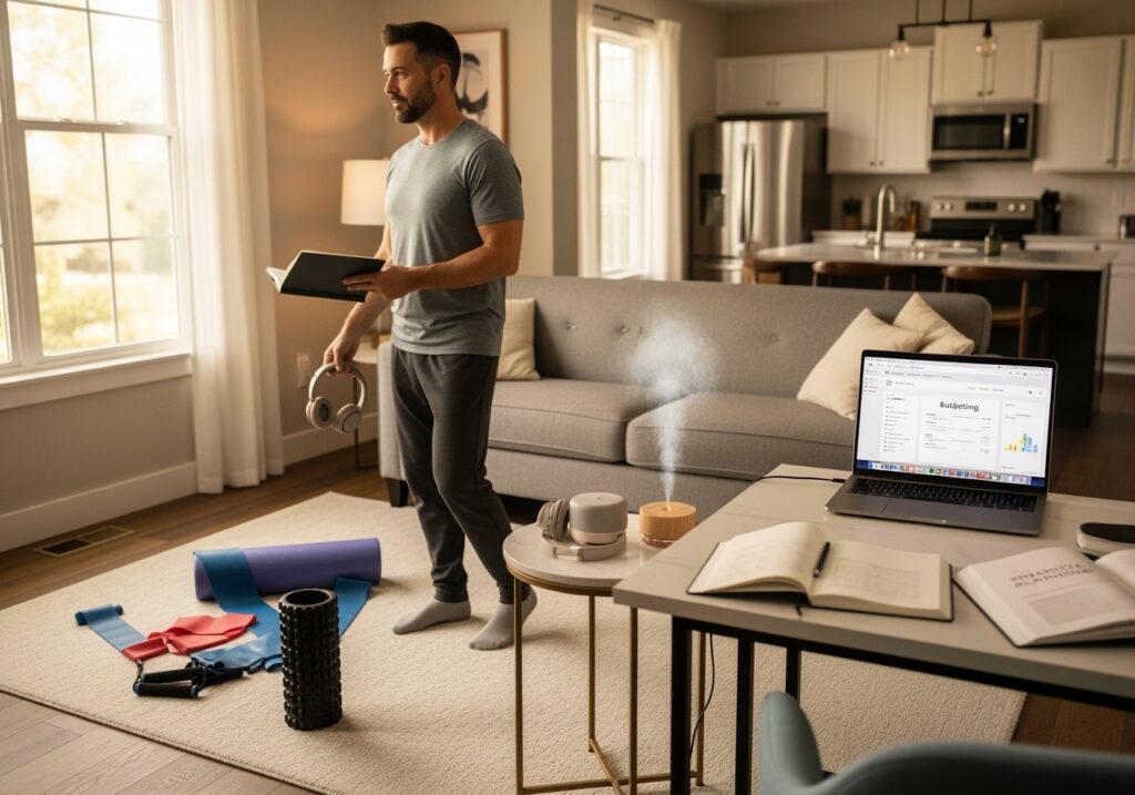Man in his 40s in organized home space showing integration of fitness equipment, mental wellness tools, and financial planning materials working together as complete wellness system