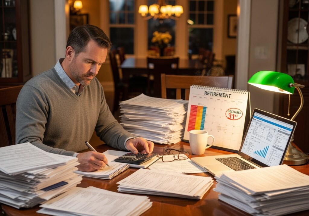 Man in his 40s organizing tax documents and retirement contribution paperwork at home table for year-end investment tax planning strategies