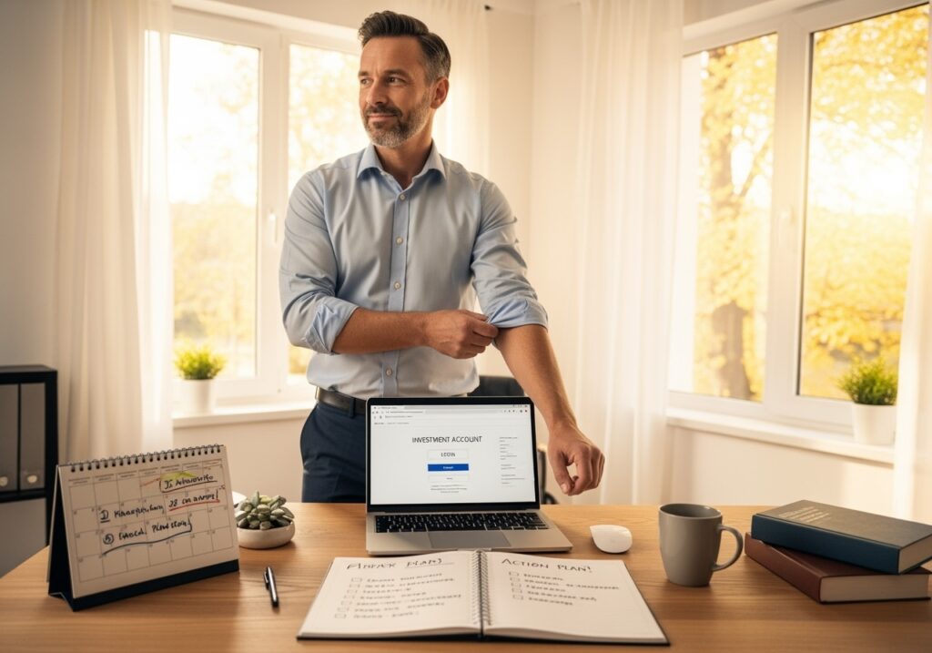 Confident man in his 40s ready to implement investment strategy with action plan notebook and laptop showing investment accounts at home office desk