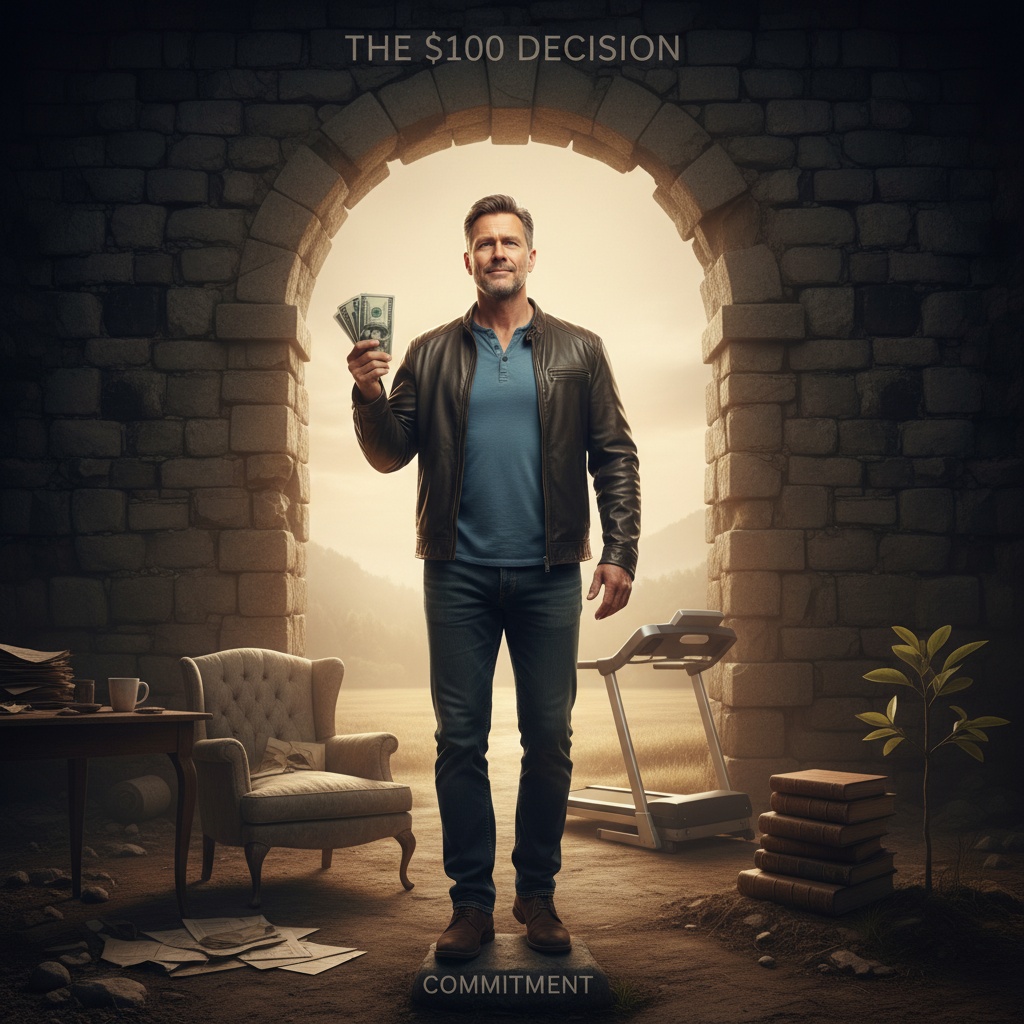 Man over 40 at crossroads holding $100 bill facing bright future path representing life-changing commitment to transformation