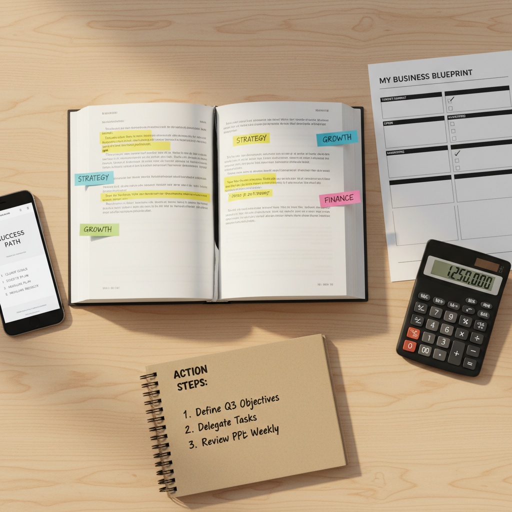 Organized desk workspace with business book, action plan checklist, calculator and notes showing practical entrepreneurship strategies