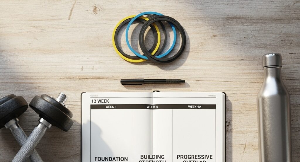 12-week strength training program layout with workout journal, dumbbells, and resistance bands for men over 40