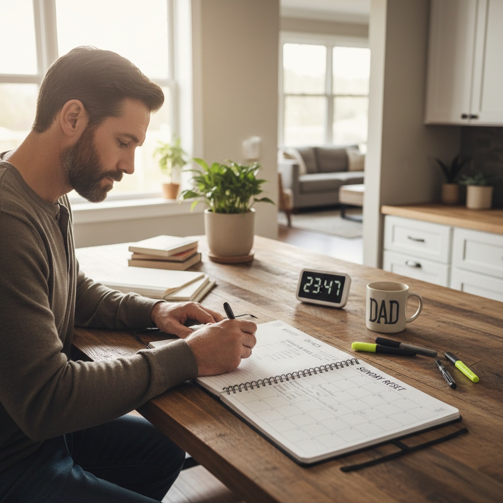 Man following 30-minute Sunday reset routine with timer, planner, and coffee - step-by-step weekly planning process