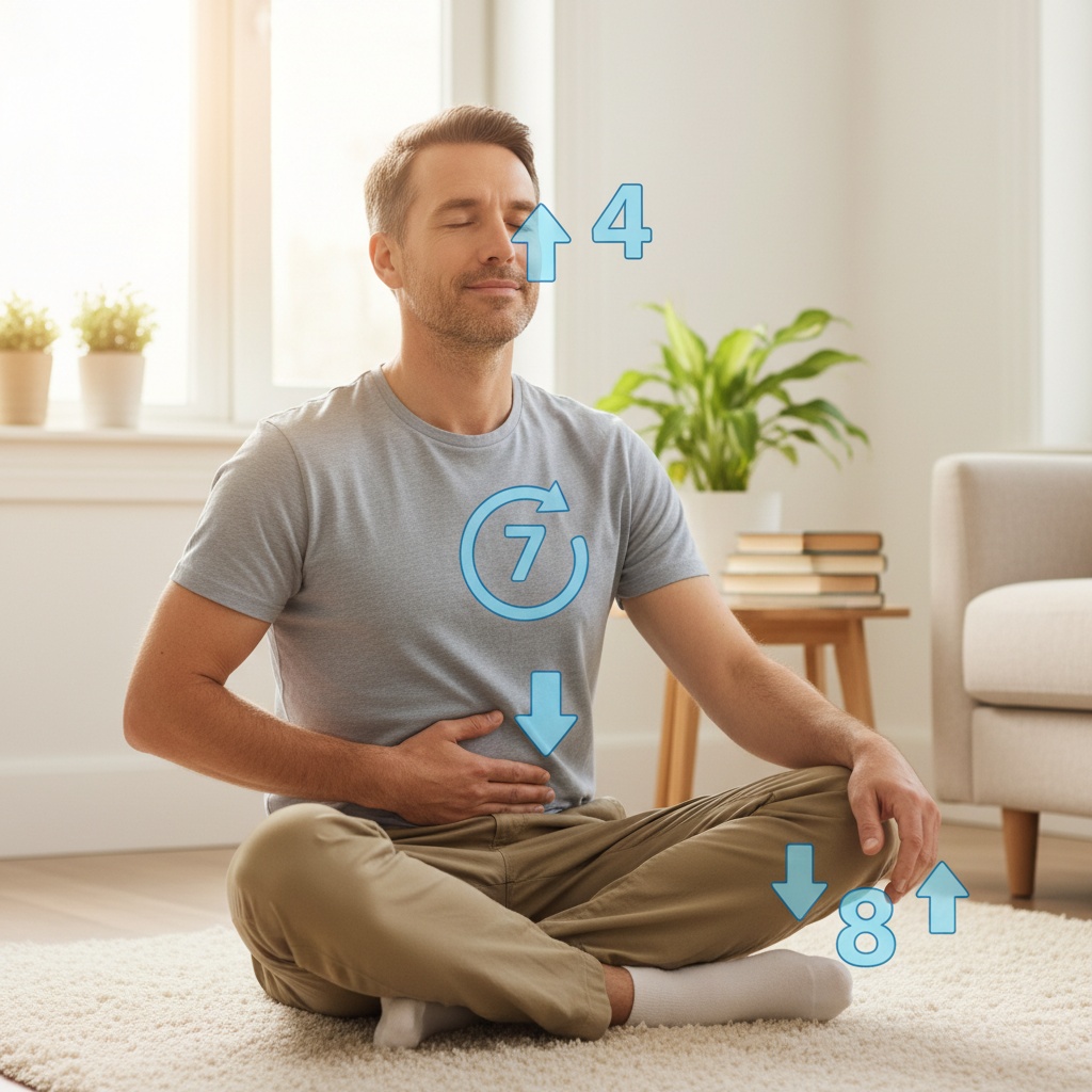 Man demonstrating 4-7-8 breathing technique for 5-minute meditation showing proper form and relaxation