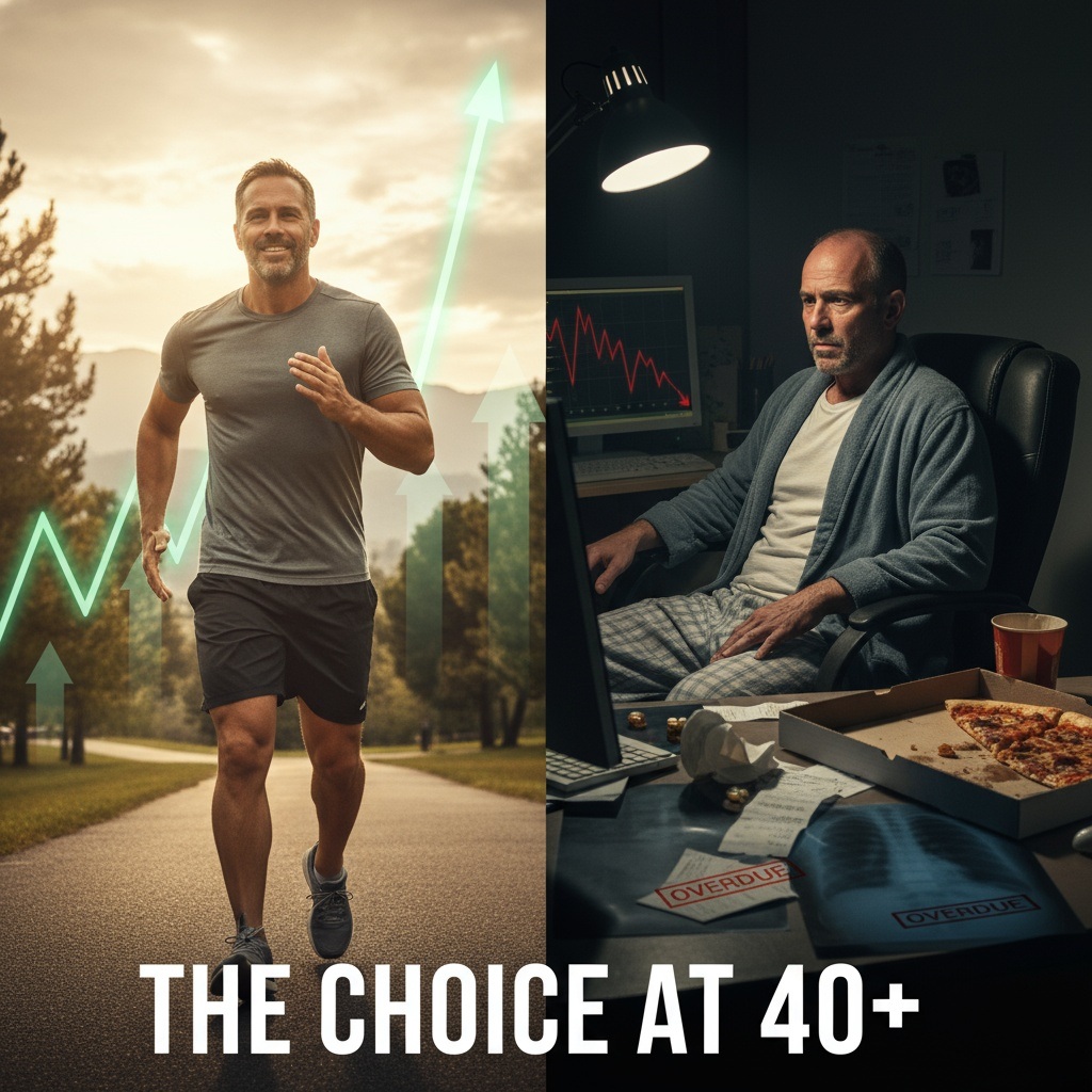 Split comparison showing energized versus exhausted man in 40s illustrating critical health and wealth decisions