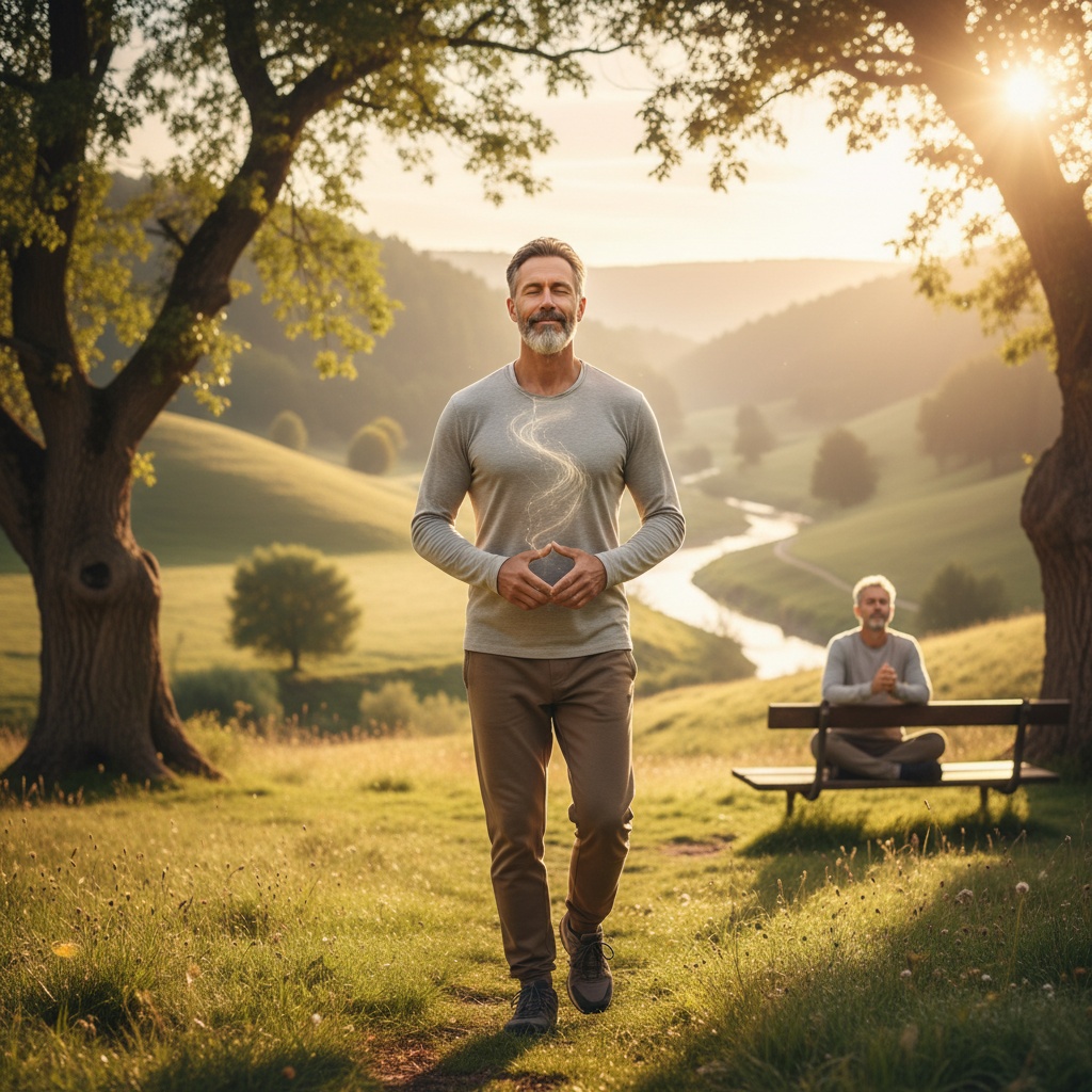 Man progressing beyond beginner meditation practicing mindfulness outdoors showing meditation as lifestyle