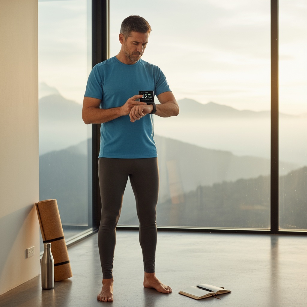 Man in his 40s monitoring heart rate variability and biometric data on fitness tracker for advanced stress management optimization