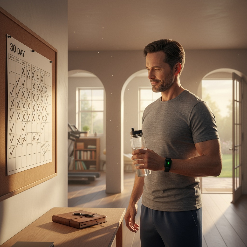 Man in his 40s celebrating completed 30 day habit challenge with full calendar contemplating next steps for continued personal growth