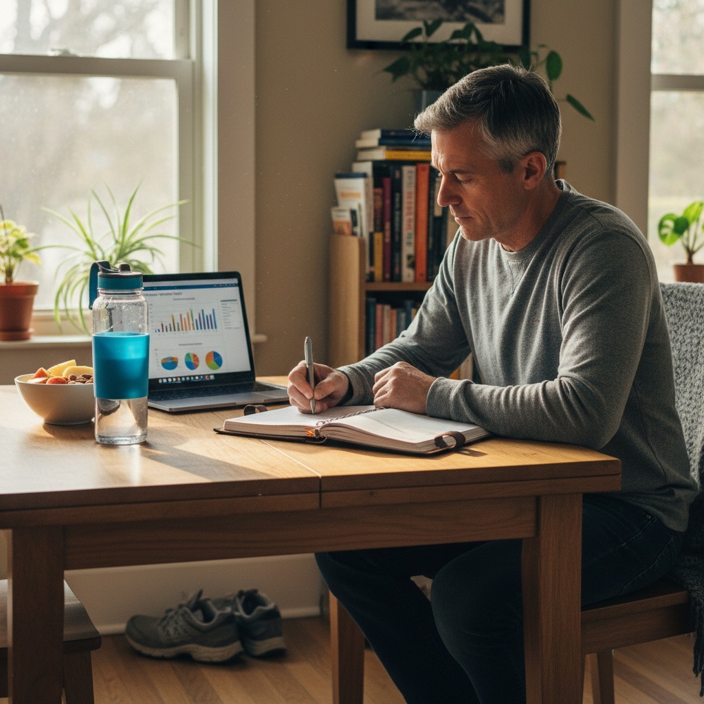 Man in his 40s planning and organizing his wellness goals with journal, showing balance between fitness, mindset, and financial health