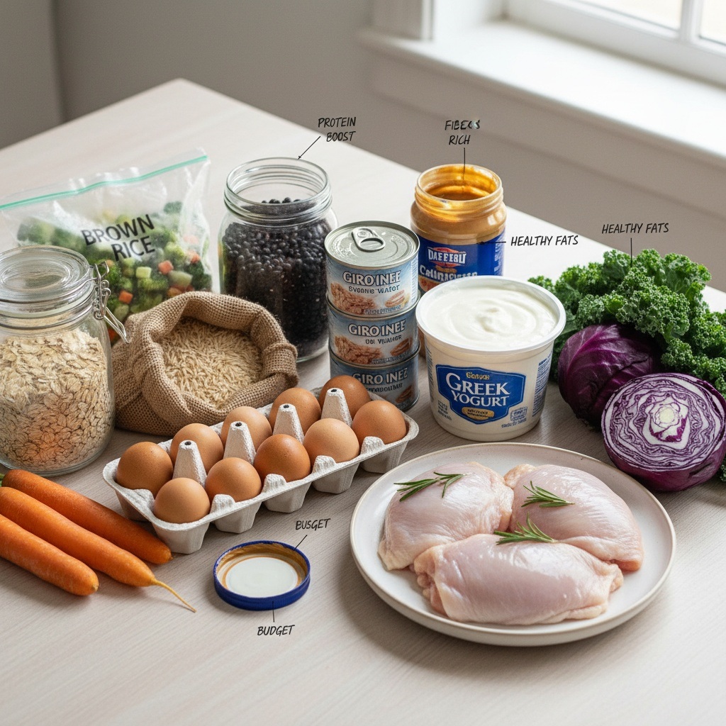 Affordable nutrient-dense foods including eggs, beans, rice, chicken, Greek yogurt, oats, and vegetables showing budget-friendly nutrition essentials