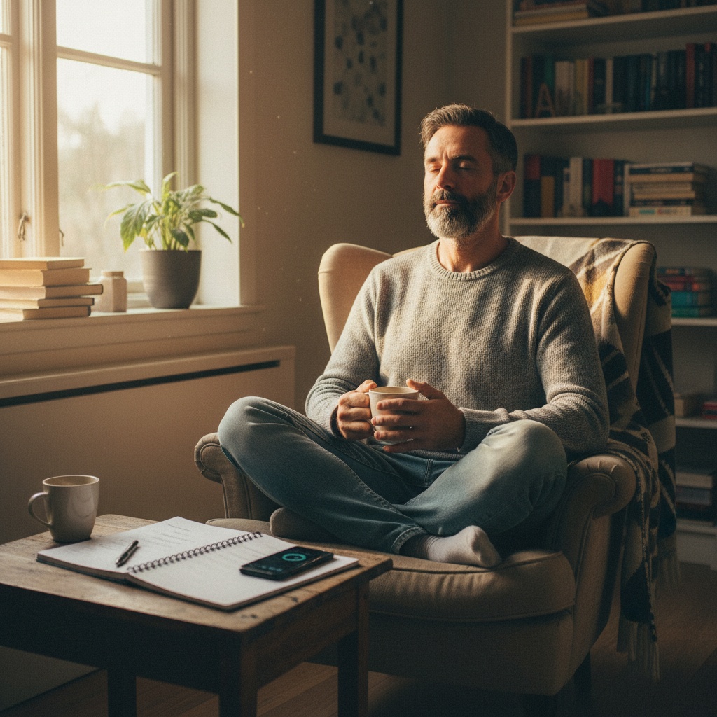 Man building consistent meditation practice with morning coffee routine and habit tracker for accountability