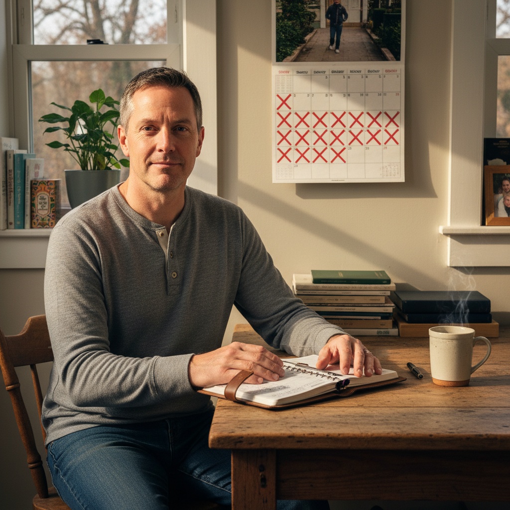 Man building consistent Sunday reset habit with wall calendar tracking weekly planning streak and routine