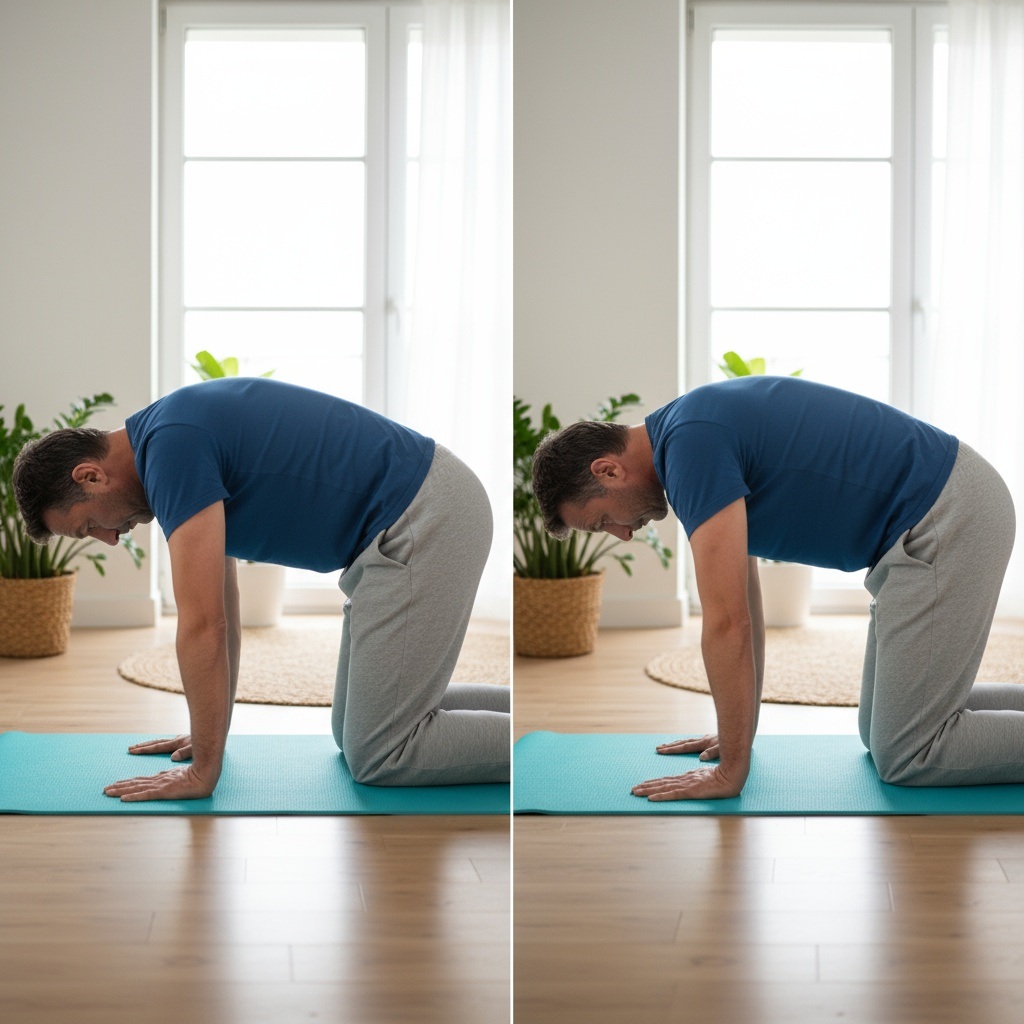 Cat-cow stretch demonstration showing spine mobility exercise for men over 40 on yoga mat