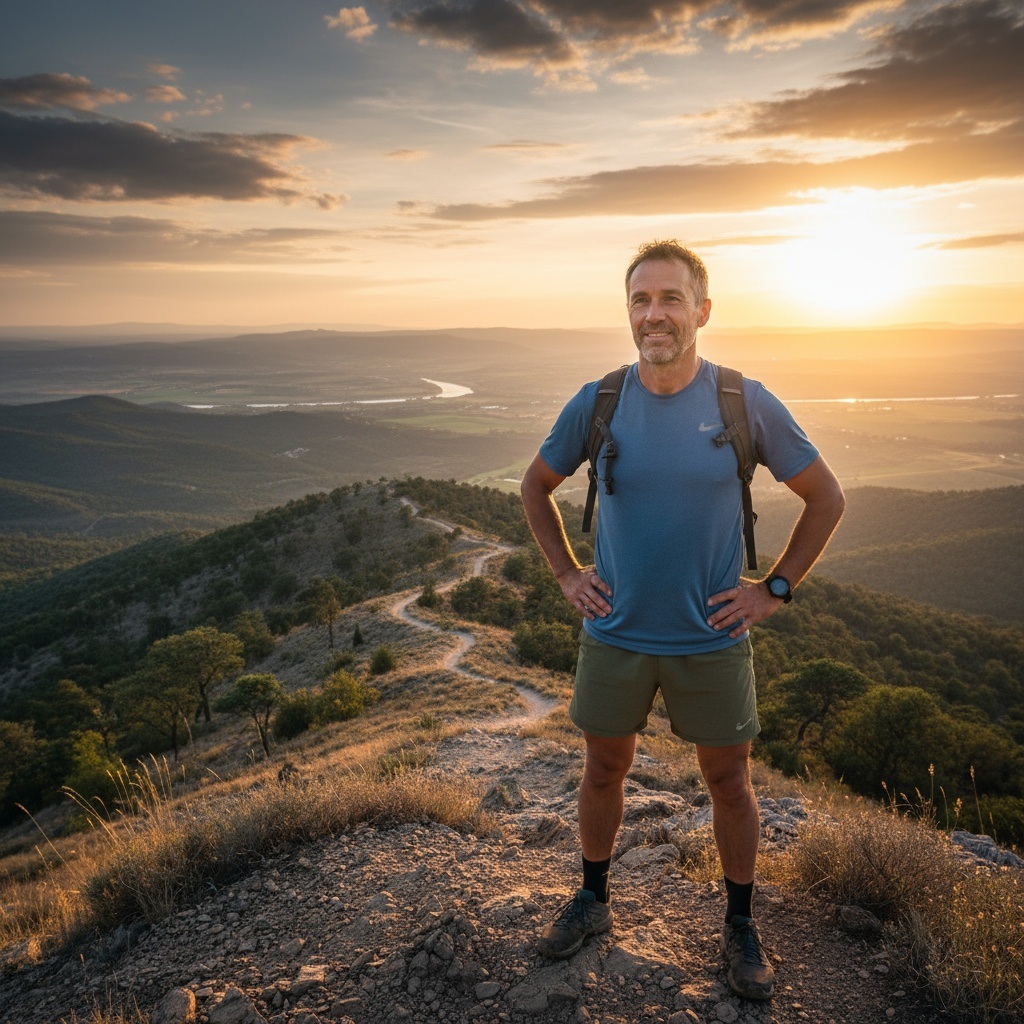 Confident man over 40 standing victorious after building confidence through consistent action