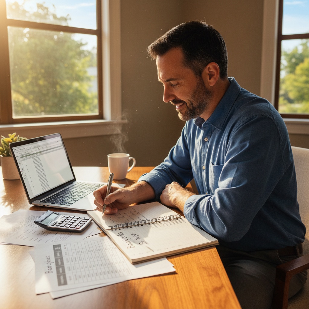 Man in his 40s planning financial freedom using Dave Ramsey baby steps with budget worksheet, debt list, and calculator at home office desk