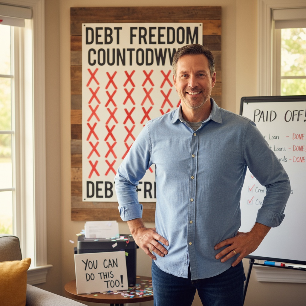 Confident man in his 40s celebrating debt freedom journey with determination and empowerment