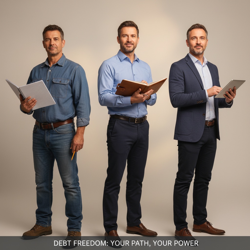 Three men from different income levels and professions united in debt payoff goal showing financial independence is achievable for everyone