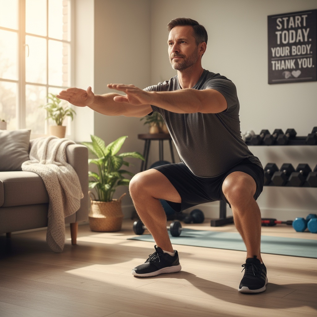 Deep squat hold mobility exercise demonstration showing proper form for men over 40