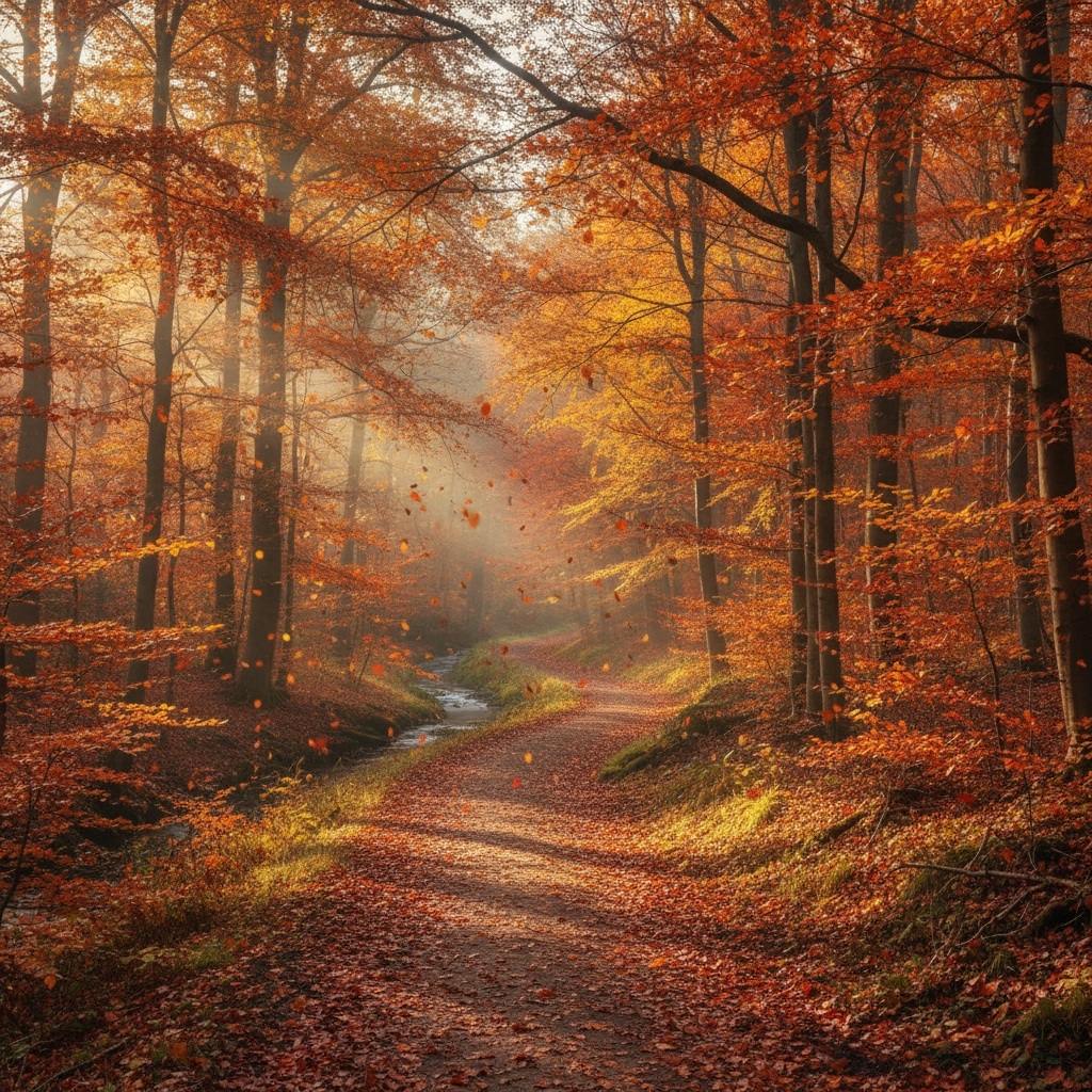 Autumn forest with vibrant fall colors and falling leaves symbolizing natural seasonal transitions and personal transformation