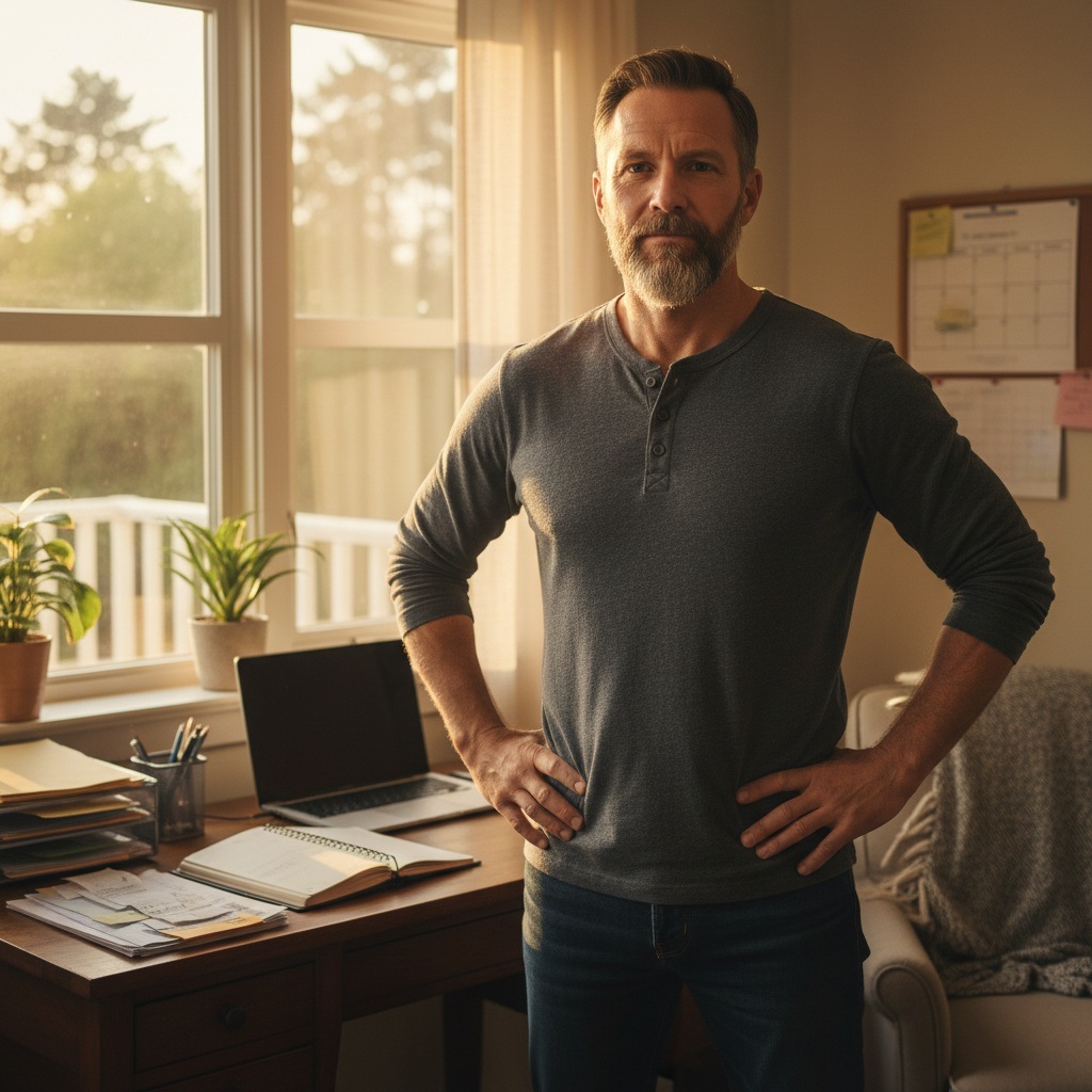 Confident man in his late 40s standing empowered at home ready to take control of his financial future