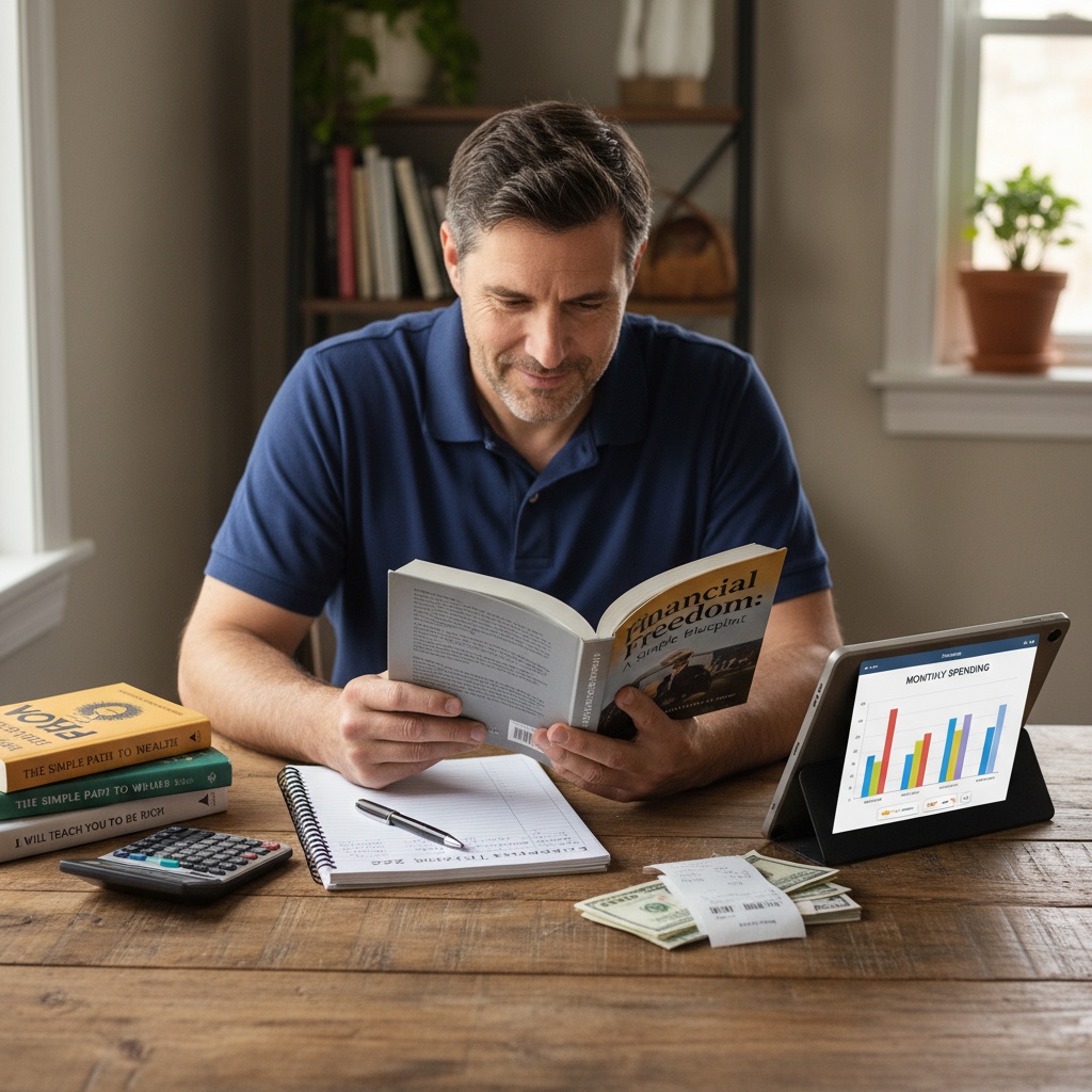 Man over 40 reading financial planning book with budget tracker and calculator showing affordable money management tools under $35