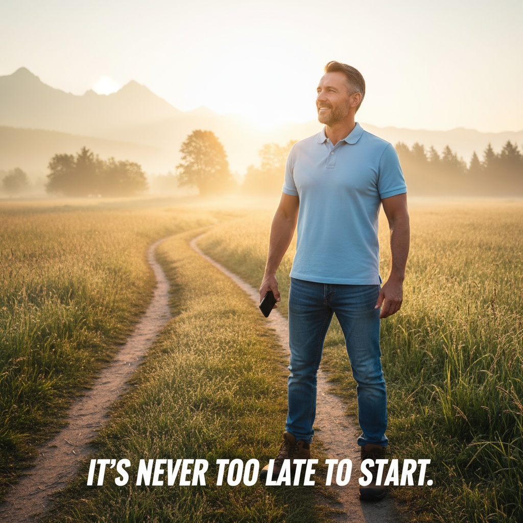 Man in his 40s beginning his financial independence journey with confidence and determination at sunrise