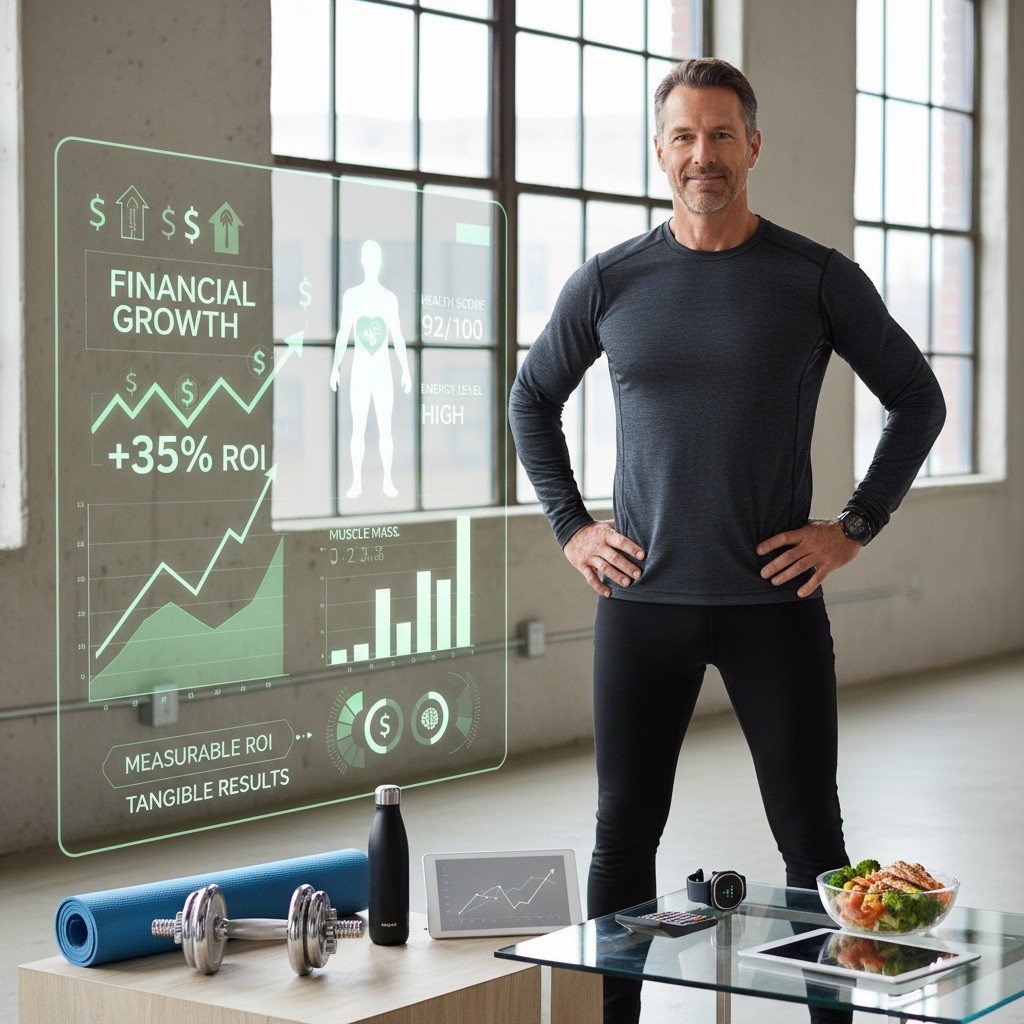 Man in 40s with fitness equipment and financial growth charts showing ROI of health investments