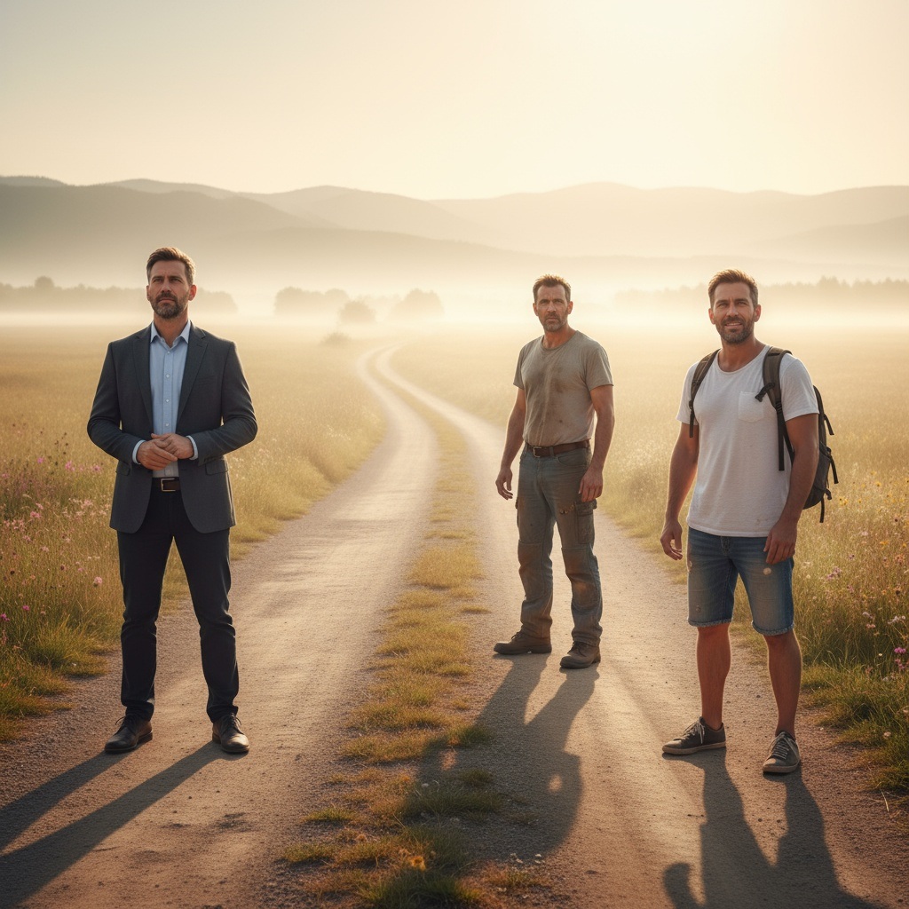 Three men in their 40s at different starting points on a path representing established professional, paycheck-to-paycheck worker, and complete beginner