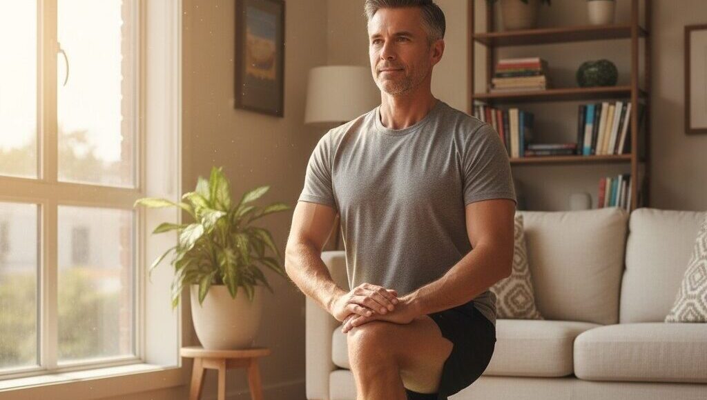 Man in his 40s performing stretching exercise at home on yoga mat for flexibility and mobility training