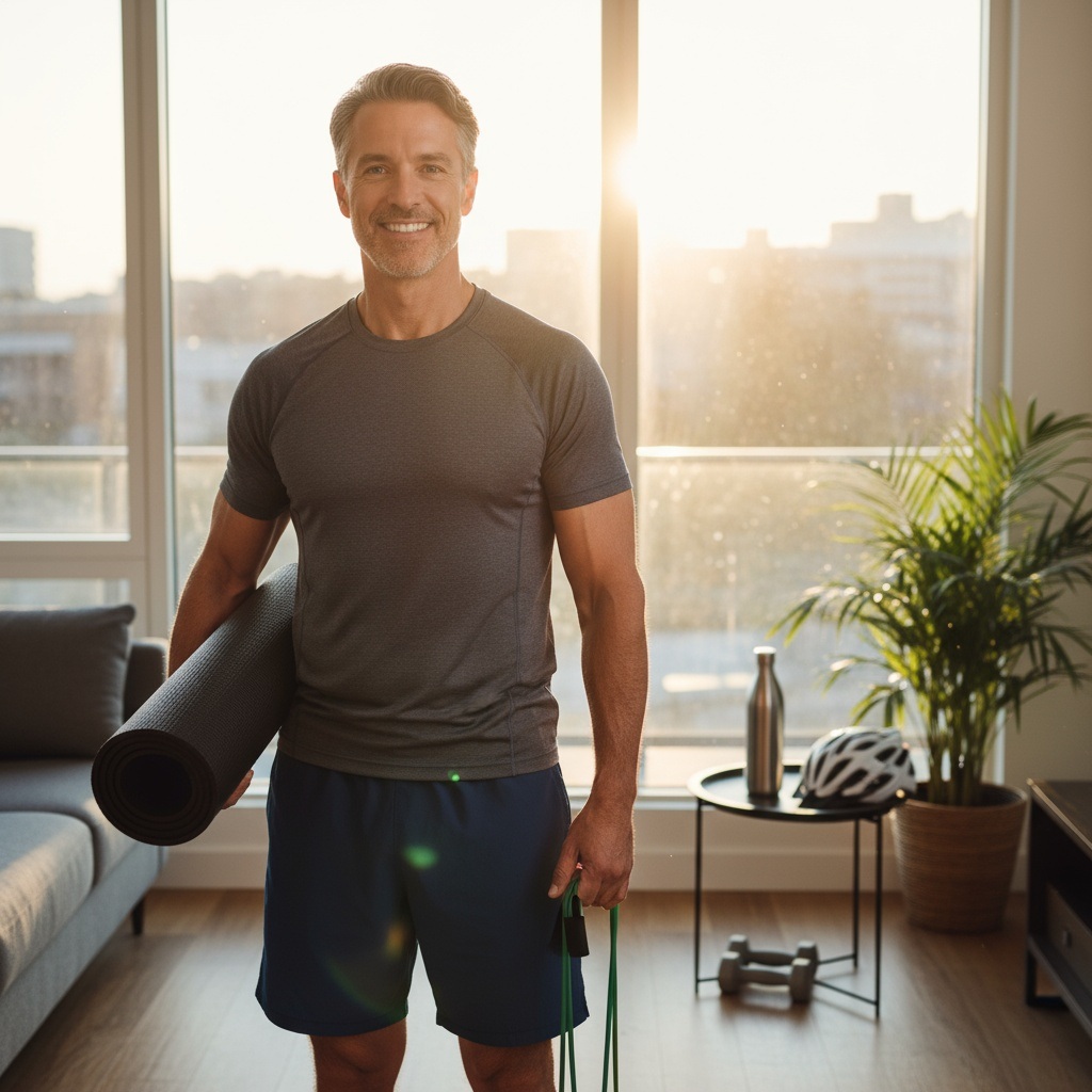 Confident man in his 40s with yoga mat and resistance band ready for flexibility and mobility training at home