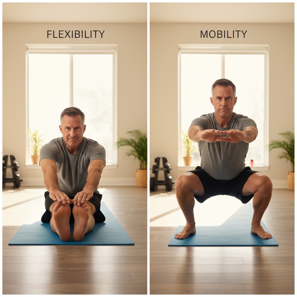 Side-by-side comparison showing flexibility stretching and mobility exercises for men over 40
