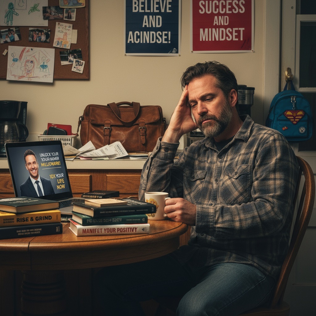 Skeptical man in his 40s surrounded by generic self-help books and motivational content that doesn't address real-life responsibilities