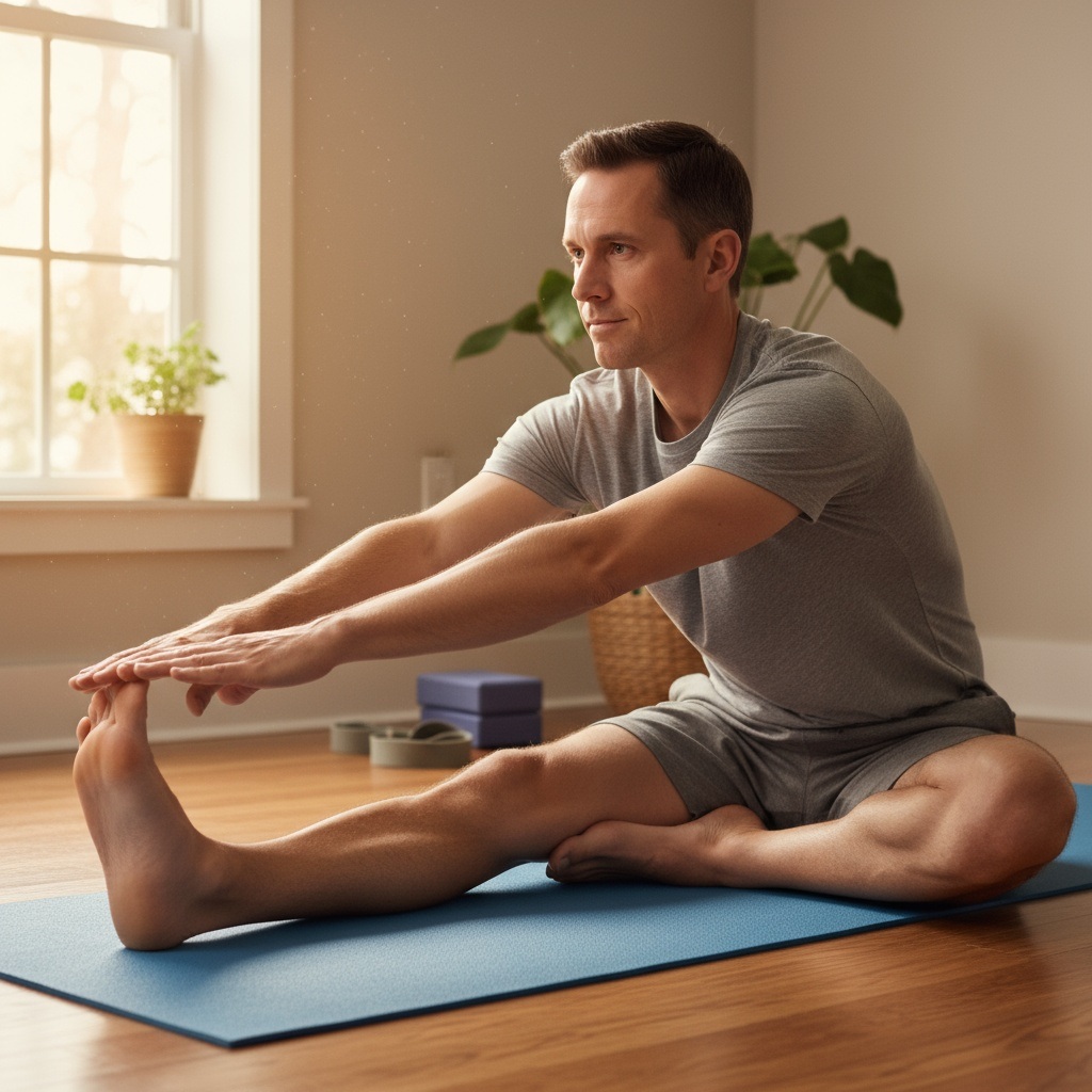 Seated hamstring stretch demonstration showing proper form for flexibility training in men over 40