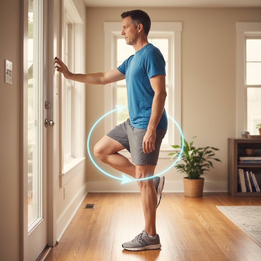 Hip circle mobility exercise demonstration - man over 40 performing standing hip rotation with wall support