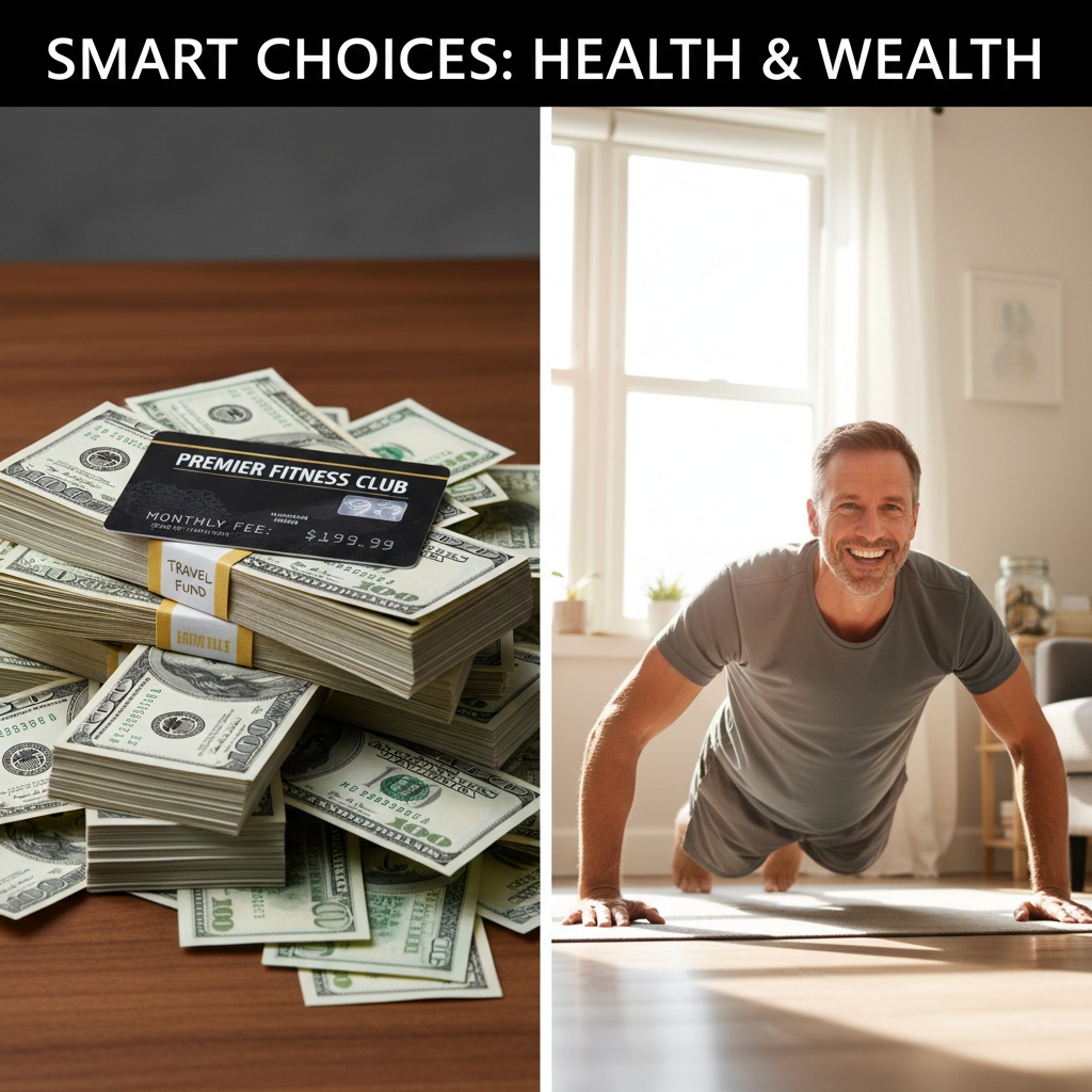 Cost comparison showing home workout savings versus expensive gym membership with man exercising at home for free